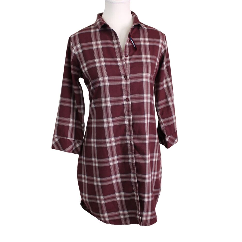 Women's Burgundy & White Plaid Shirt Dress/Tunic Lightweight Button Up SZ M